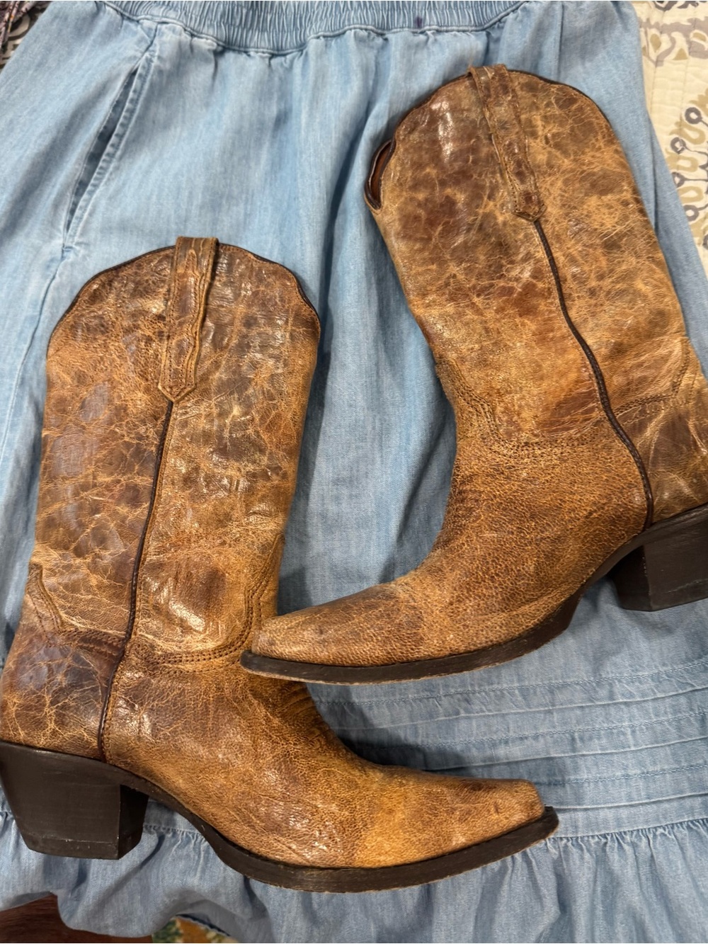 Dan Post Distressed Tan/Brown Leather Western Heeled Boots